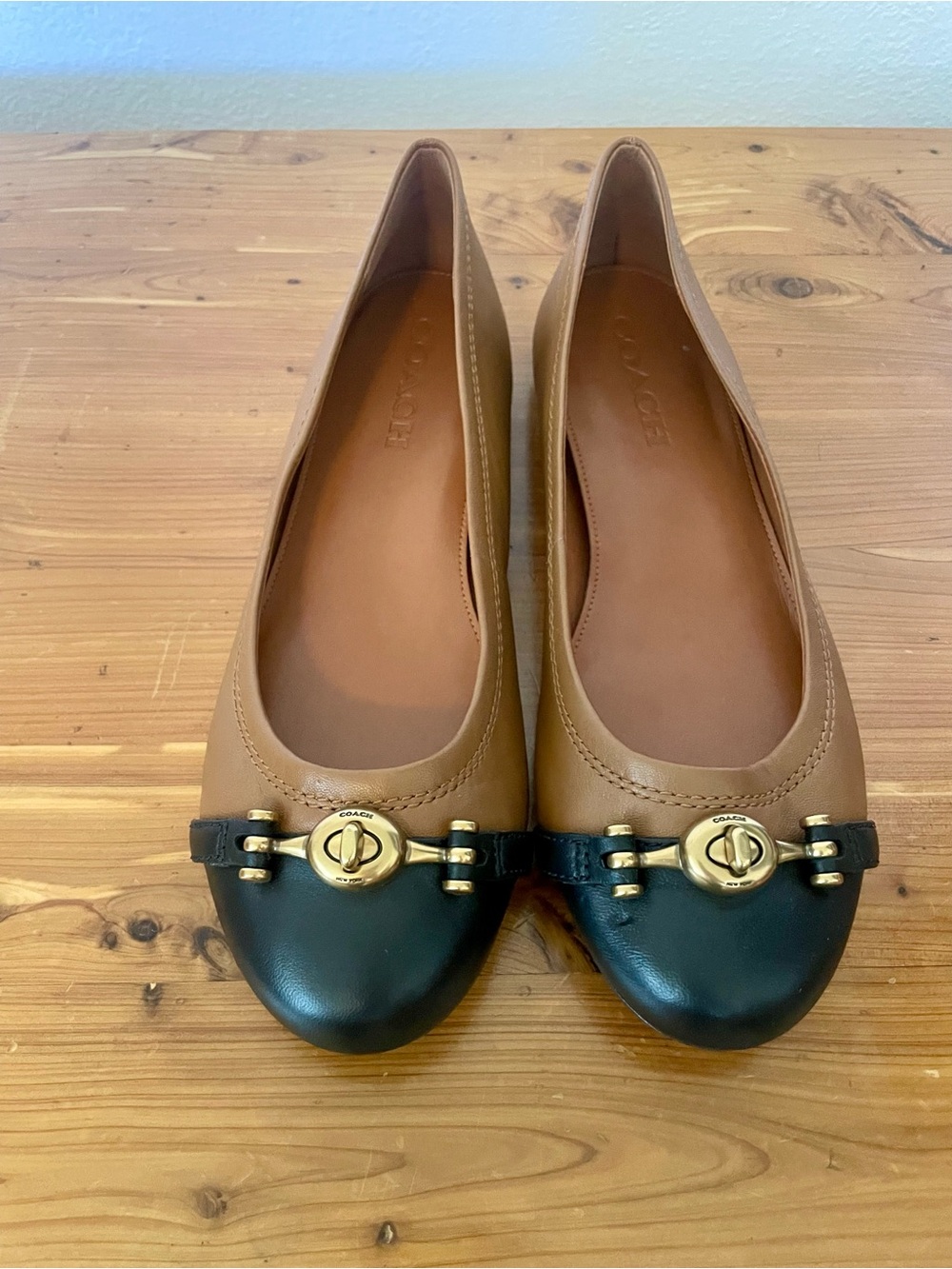 Coach Two-Tone Brown and Black Leather Ballet Flats with Gold Hardware